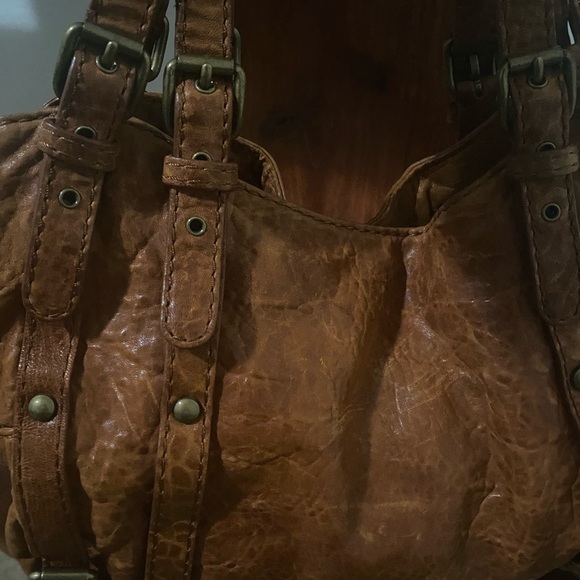 Kooba Cognac Pebble Leather Whipstitch Distressed Buckle Slouchy Large Hobo Bag - Picture 13 of 16